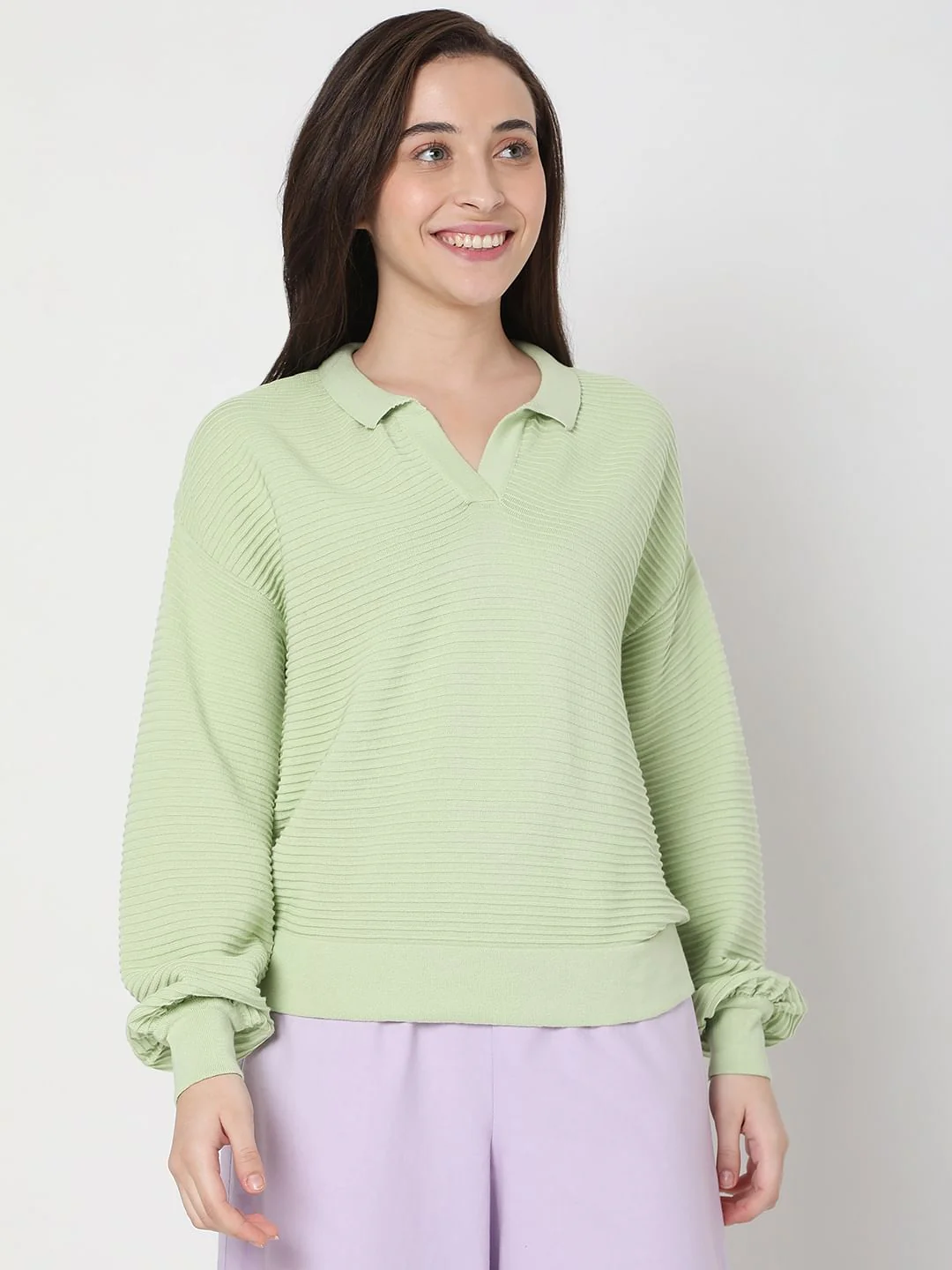 Light Green Striped Co-Ord Set Polo T-Shirt - Image 2