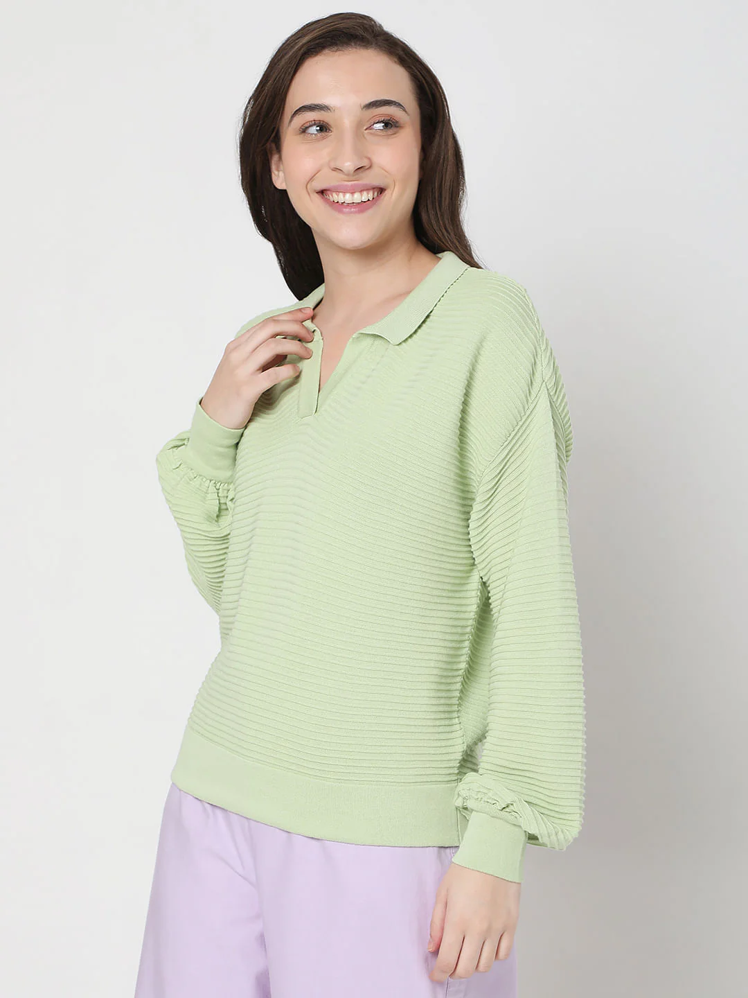 Light Green Striped Co-Ord Set Polo T-Shirt - Image 3