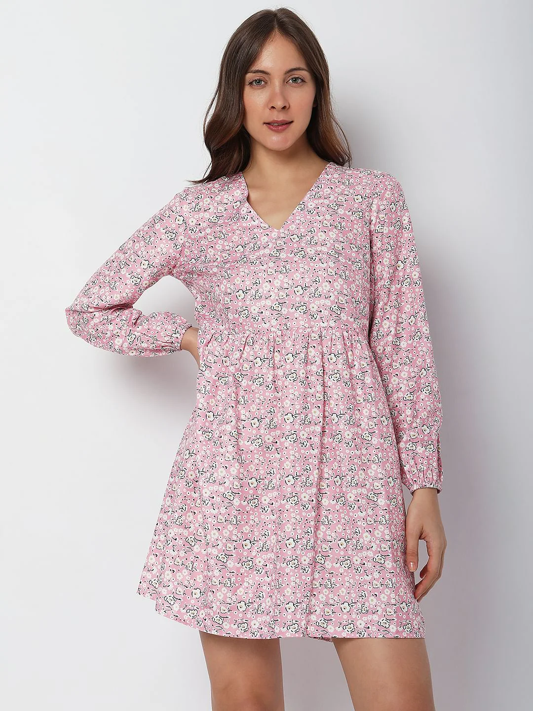 Pink Floral Print Mini Dress - Image 2
