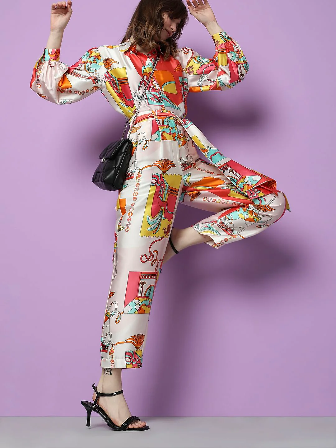 Orange High Rise Abstract Printed Co-Ord Pants