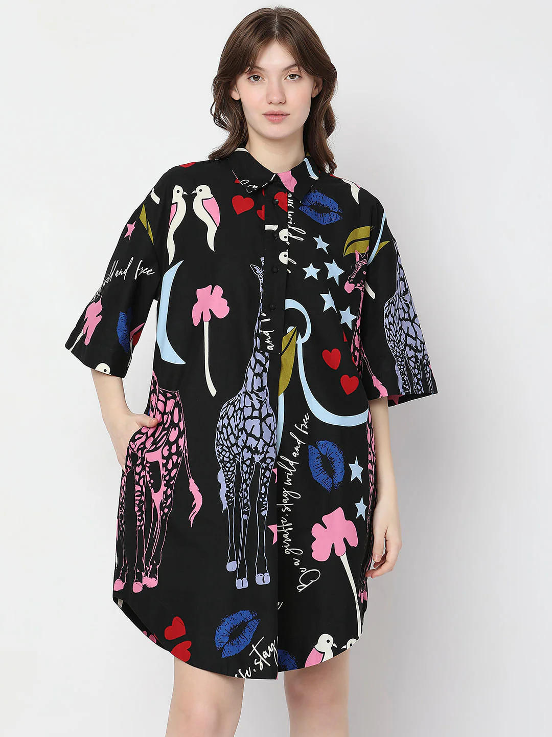Black All Over Printed Shirt Dress - Image 2
