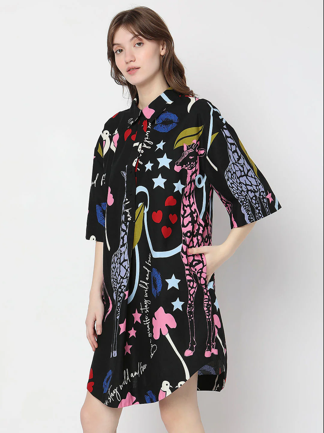 Black All Over Printed Shirt Dress - Image 3
