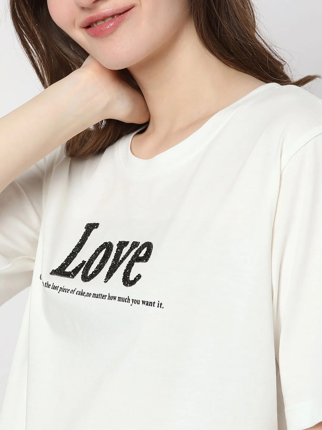 White Embellished Text Print T-Shirt - Image 6