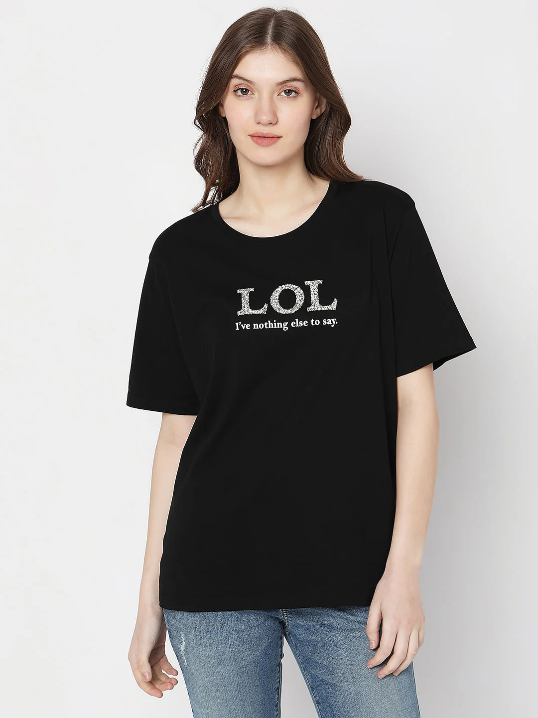 Black Embellished Text Print T-Shirt - Image 2