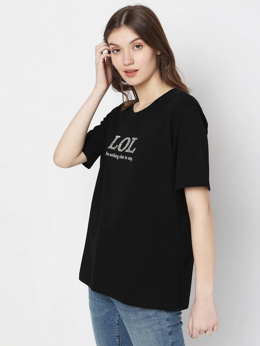 Black Embellished Text Print T-Shirt - Image 3