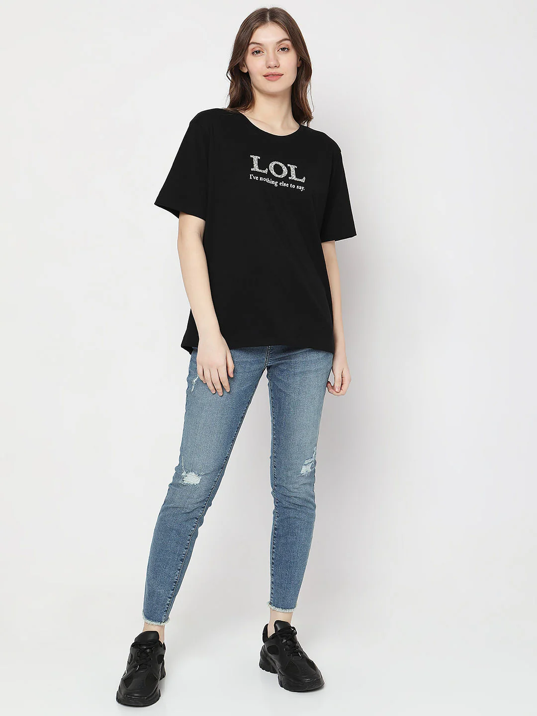 Black Embellished Text Print T-Shirt - Image 5