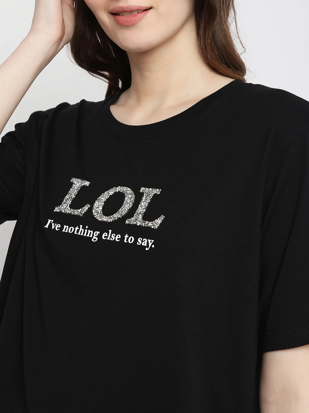 Black Embellished Text Print T-Shirt - Image 6
