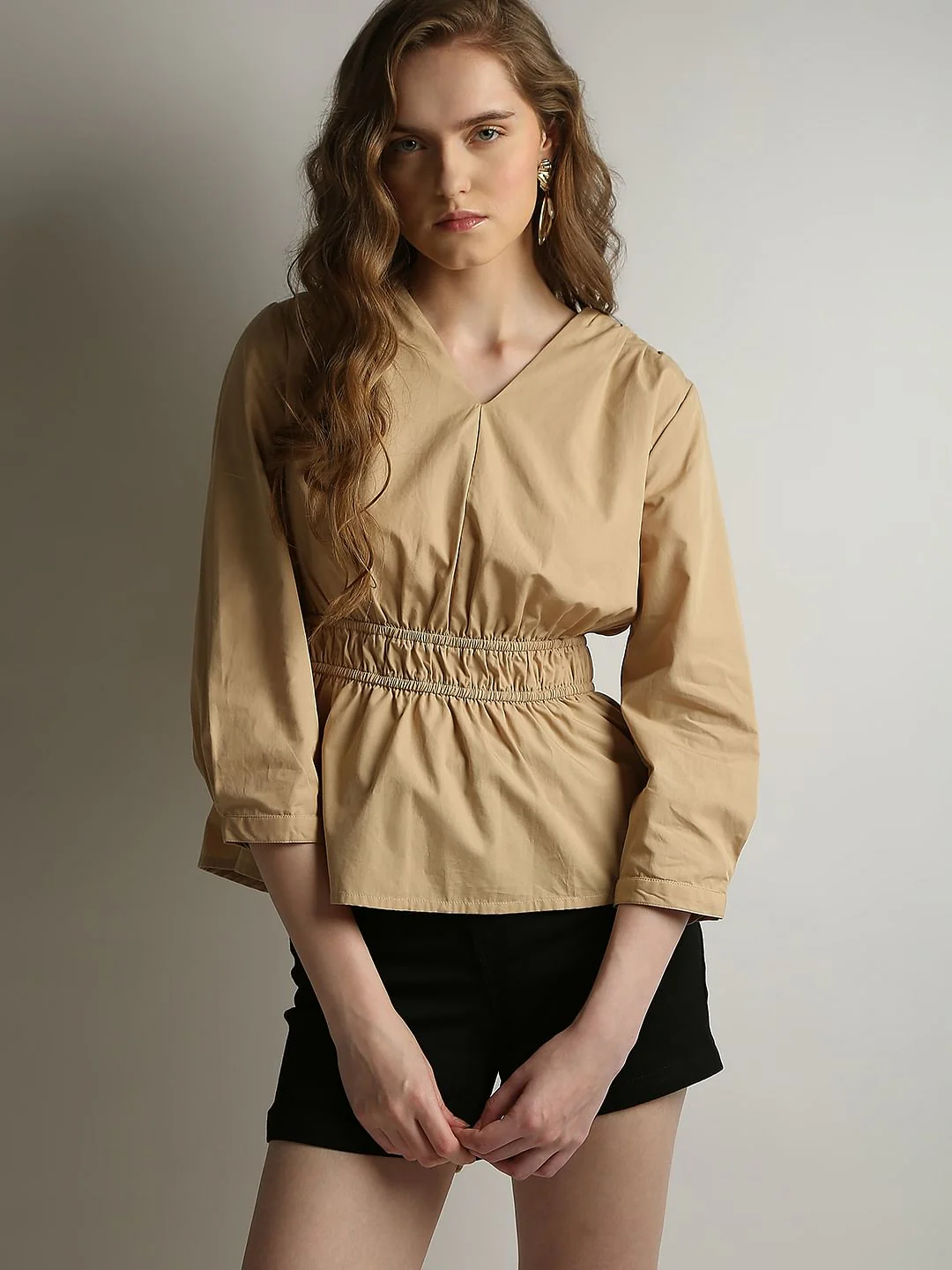 Beige Cotton Peplum Top