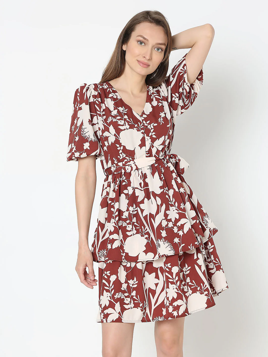 Brown Floral Fit & Flare Dress - Image 2
