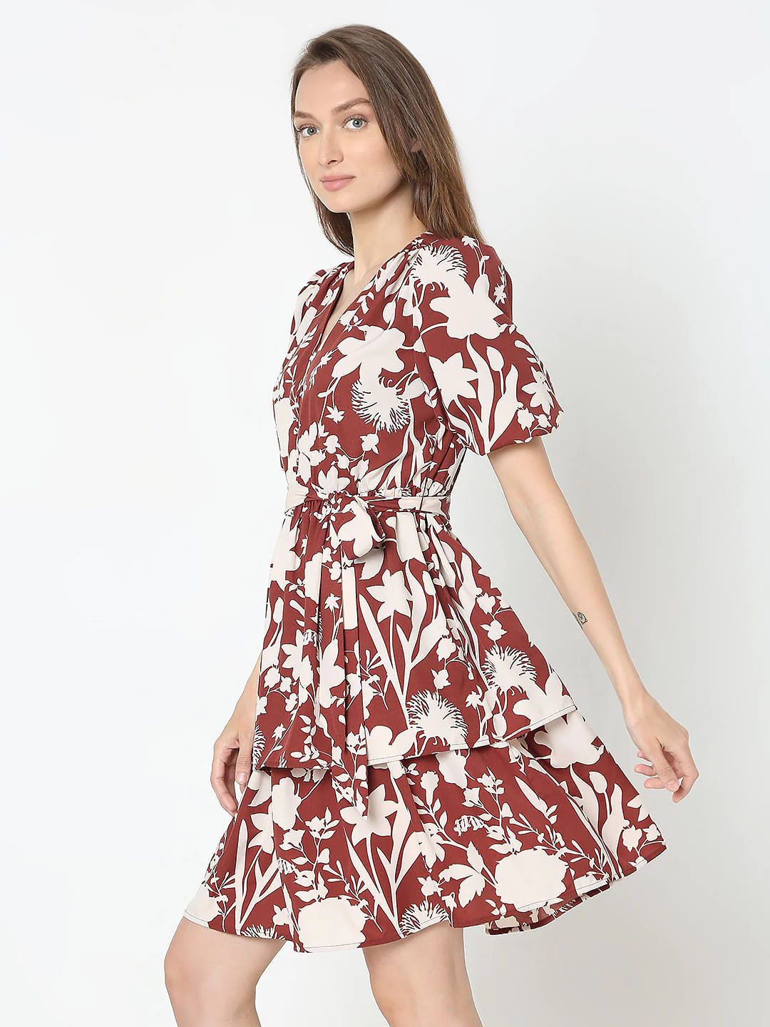 Brown Floral Fit & Flare Dress - Image 3