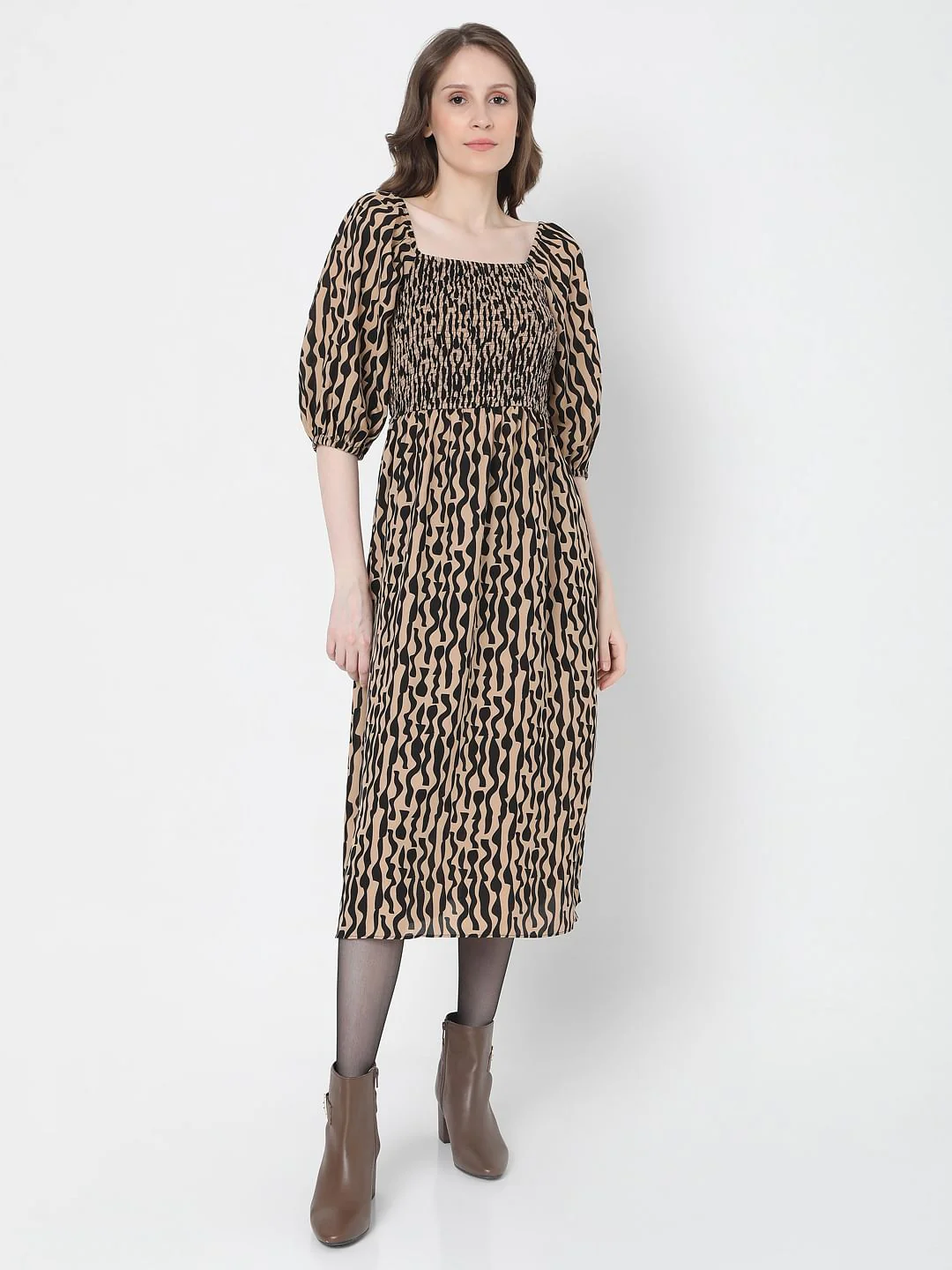 Brown Abstract Print Midi Dress - Image 2