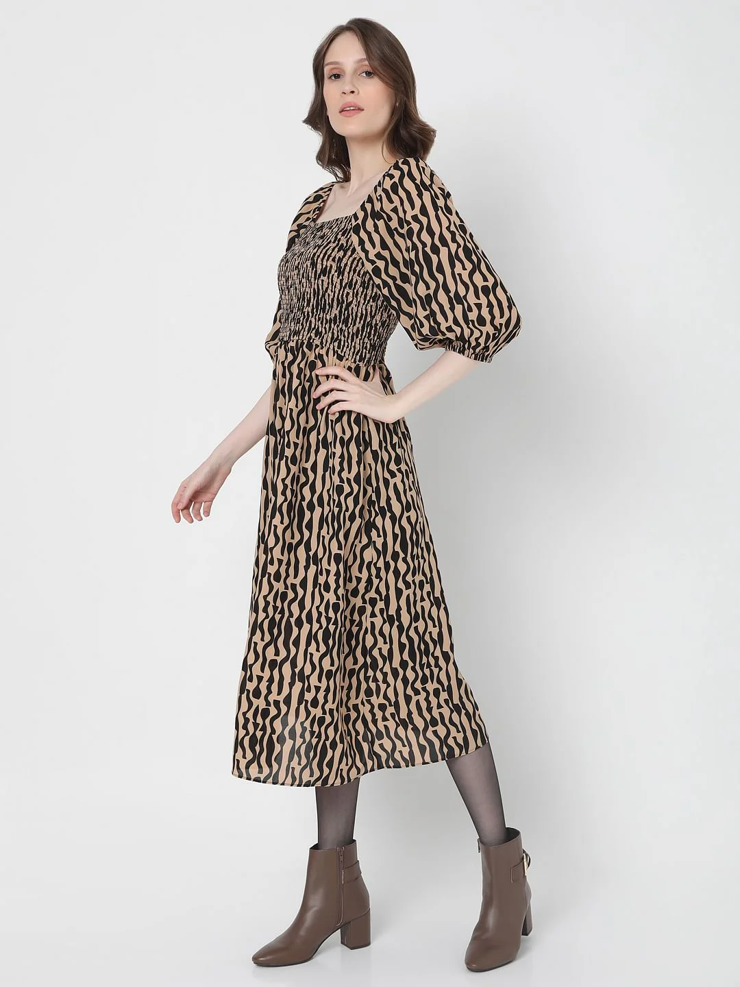 Brown Abstract Print Midi Dress - Image 3