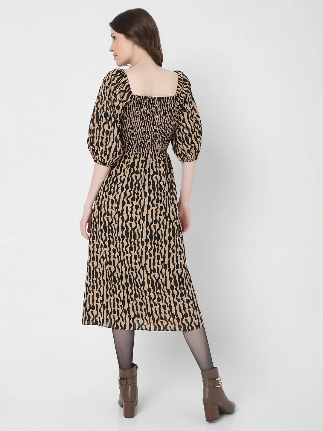 Brown Abstract Print Midi Dress - Image 4