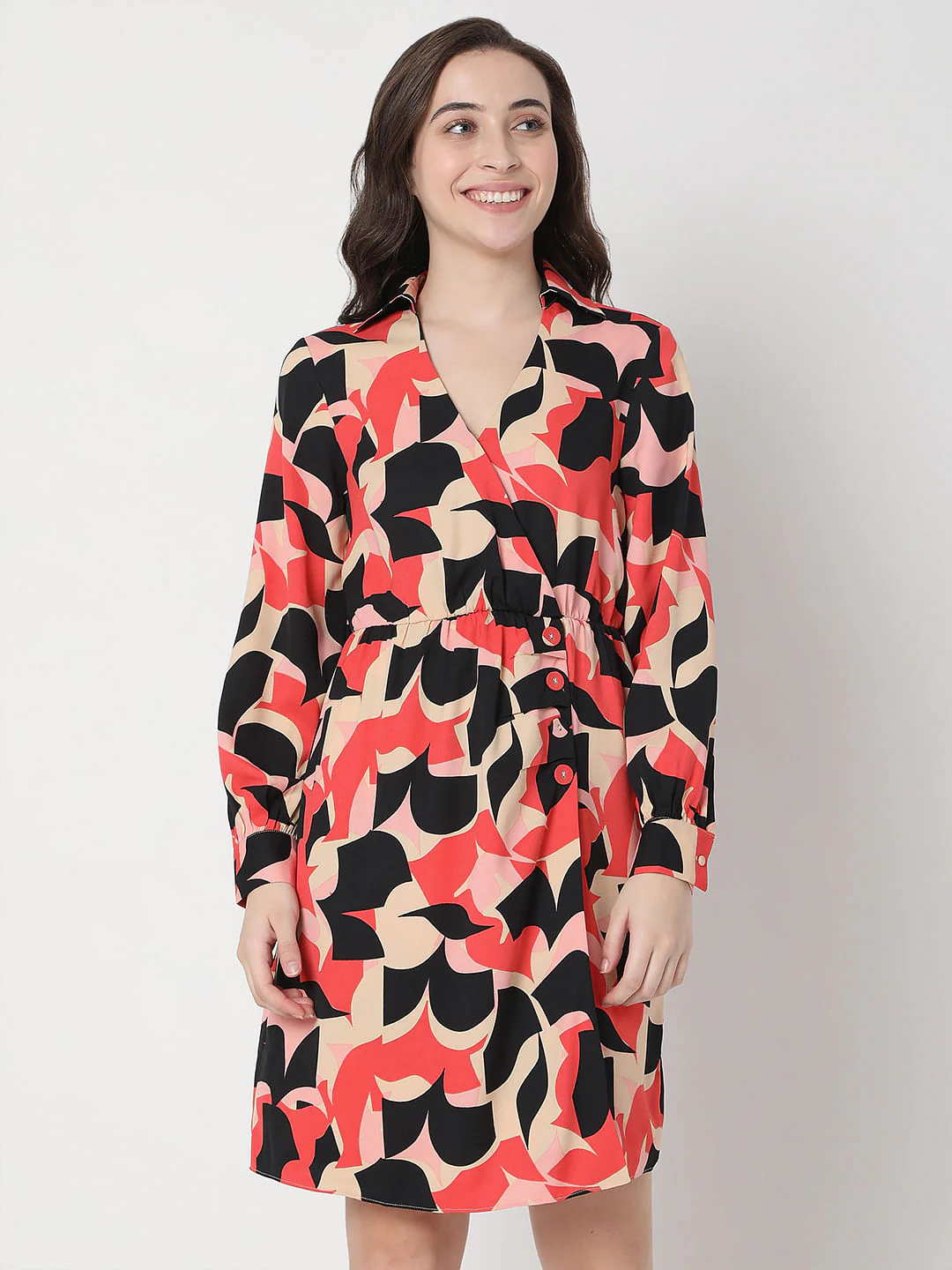 Beige Abstract Print Fit & Flare Dress - Image 2
