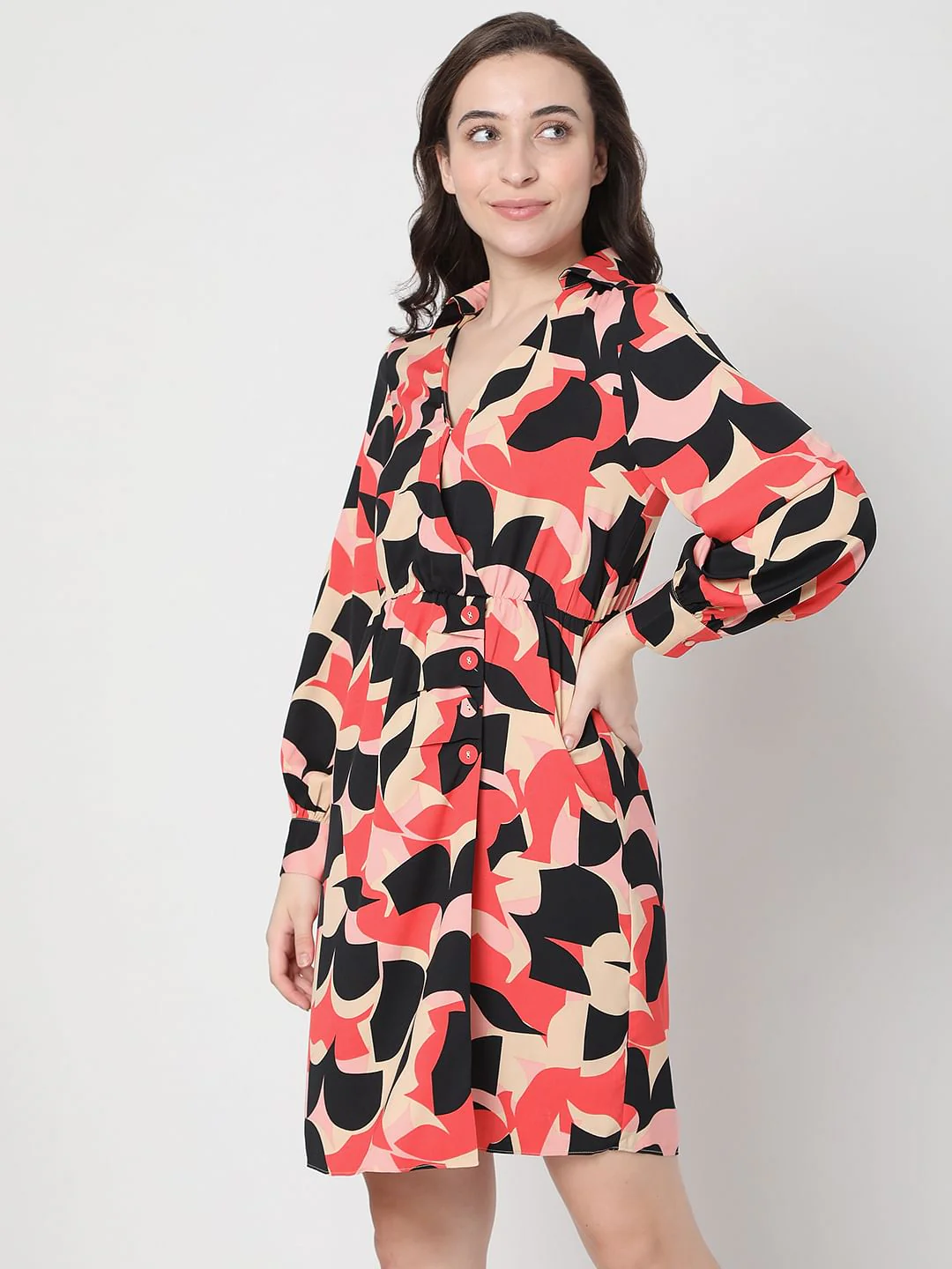 Beige Abstract Print Fit & Flare Dress - Image 3