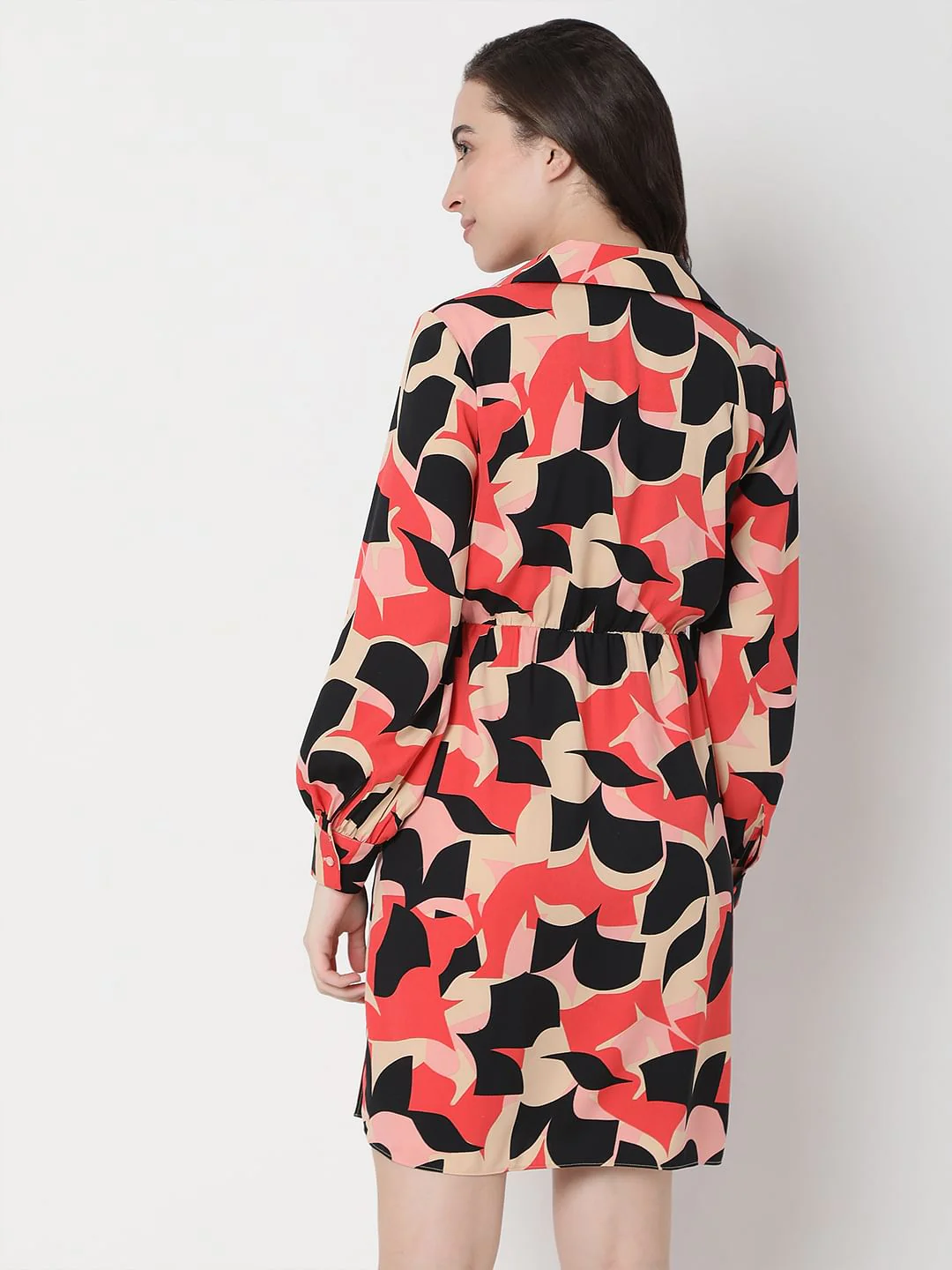 Beige Abstract Print Fit & Flare Dress - Image 4