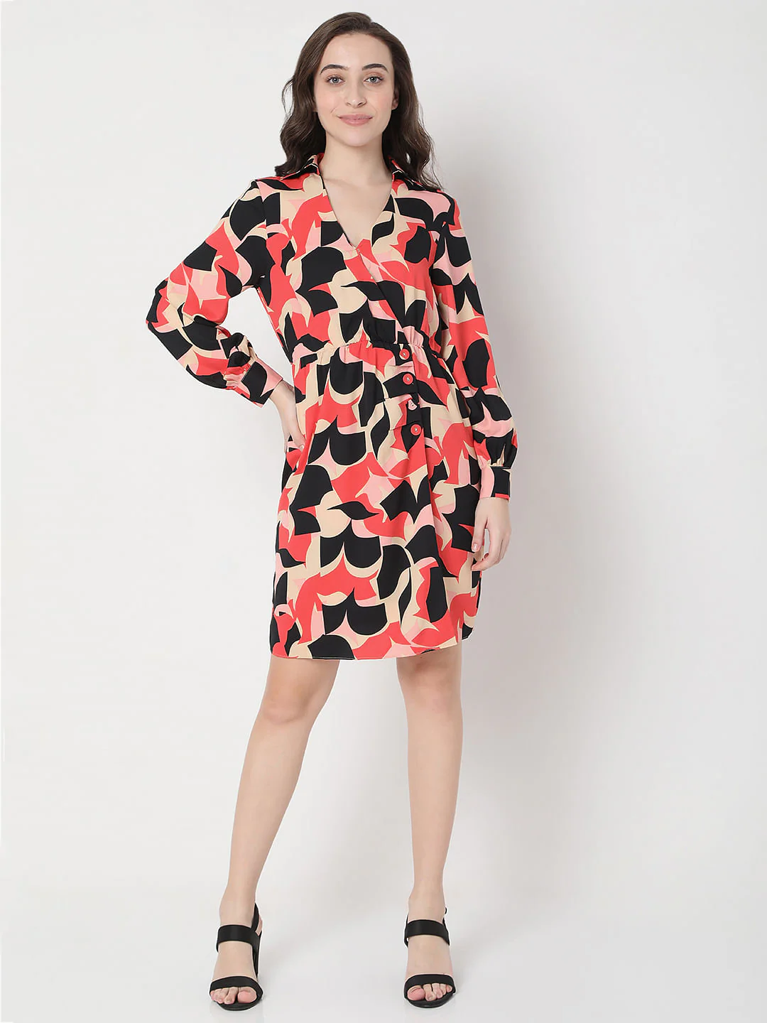 Beige Abstract Print Fit & Flare Dress - Image 5