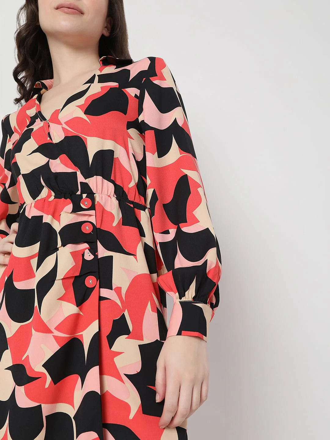 Beige Abstract Print Fit & Flare Dress - Image 6