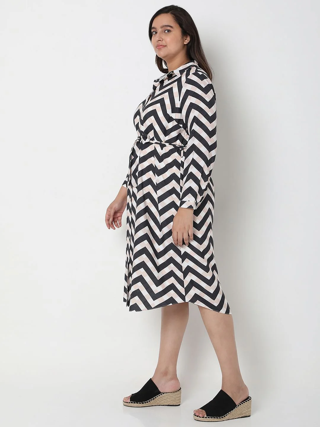 Curve Black Chevron Print Shirt Dress - Image 3
