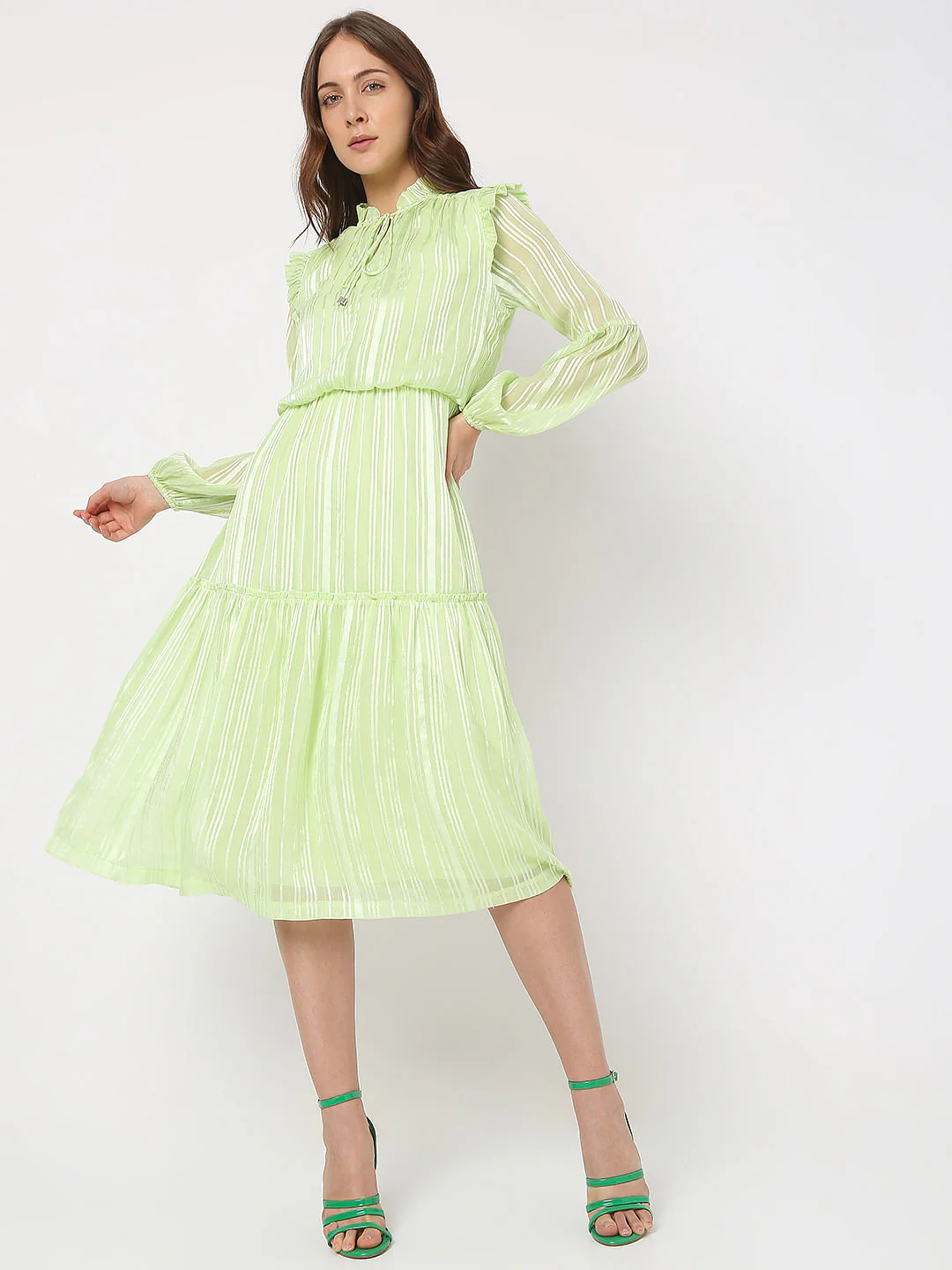 Green Lurex Tiered Midi Dress - Image 2