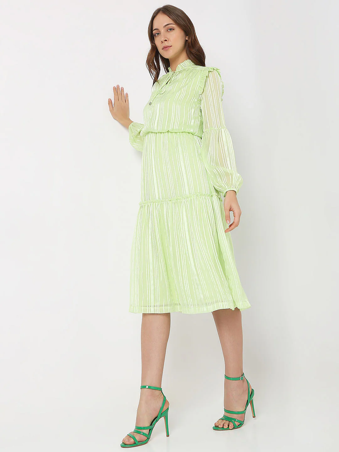 Green Lurex Tiered Midi Dress - Image 3