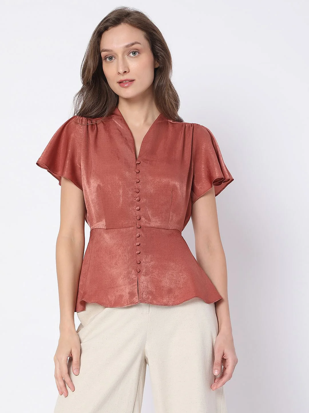 Red Satin Peplum Top - Image 2