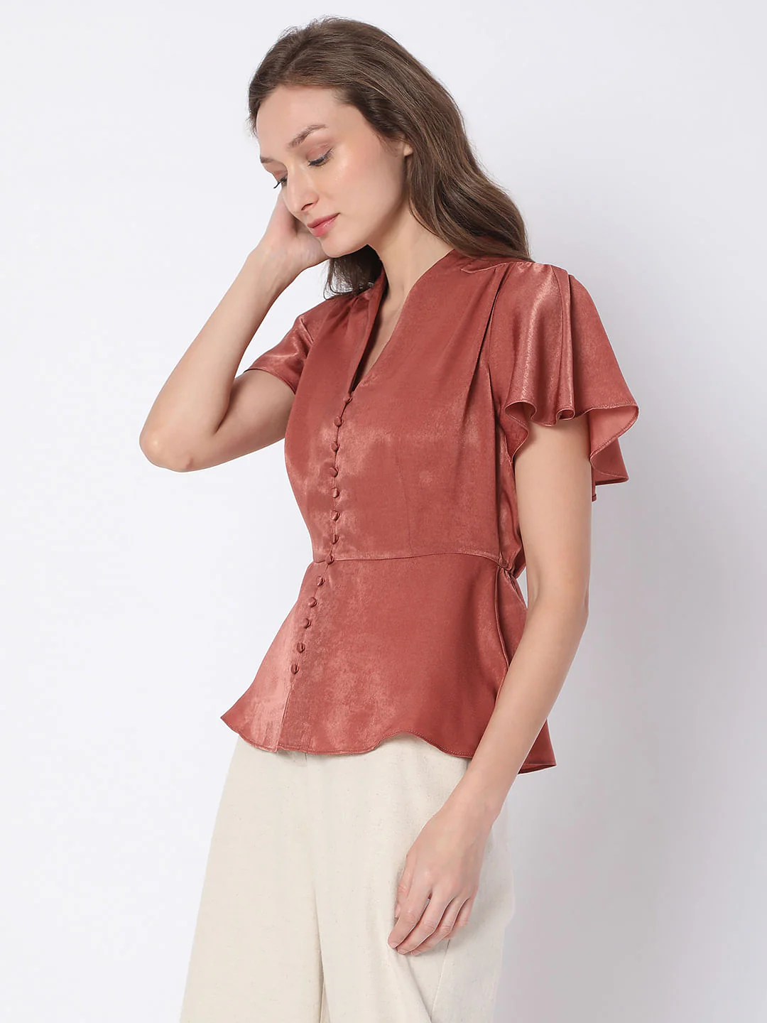 Red Satin Peplum Top - Image 3