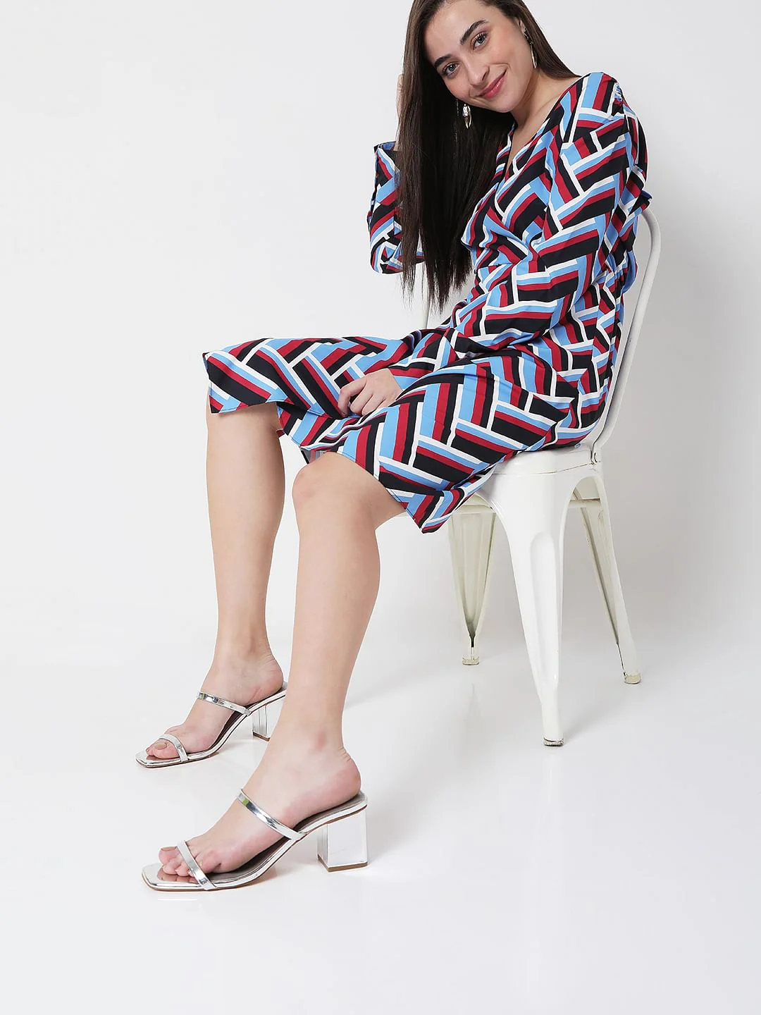 Blue Chevron Print Midi Dress