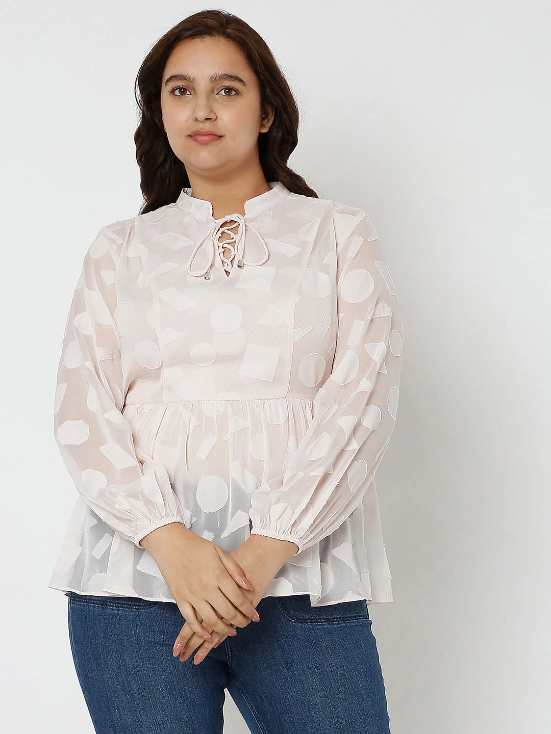 Curve Light Pink Printed Jacquard Top - Image 2