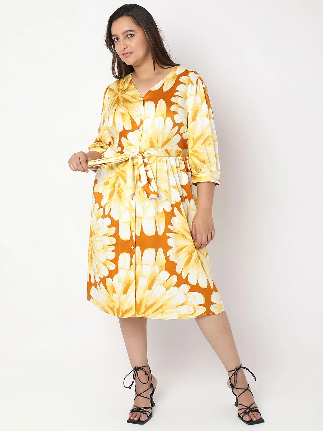 Curve Yellow Floral Print Midi Dress - Image 2