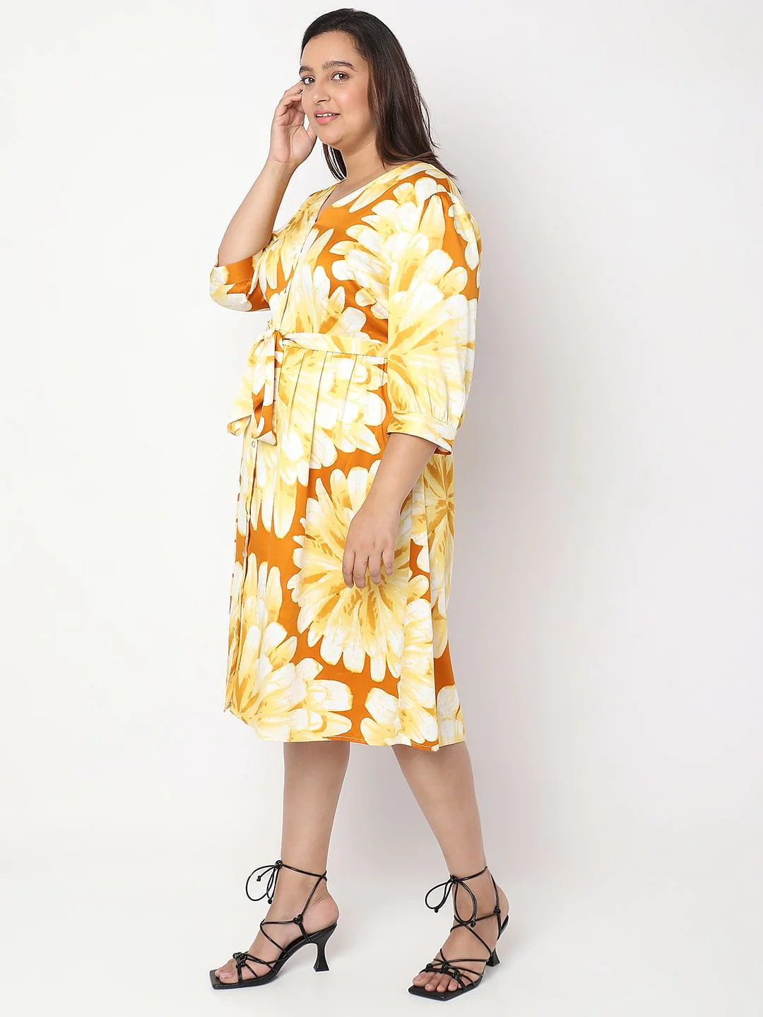 Curve Yellow Floral Print Midi Dress - Image 3