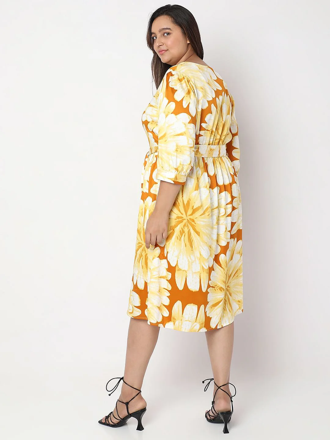 Curve Yellow Floral Print Midi Dress - Image 4