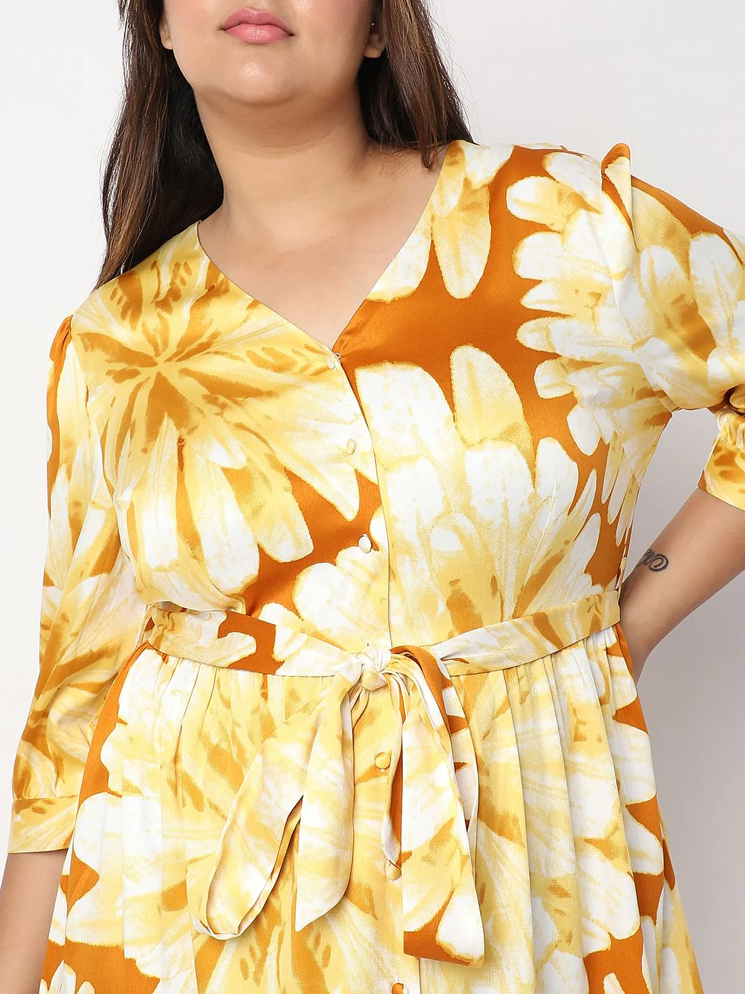 Curve Yellow Floral Print Midi Dress - Image 5