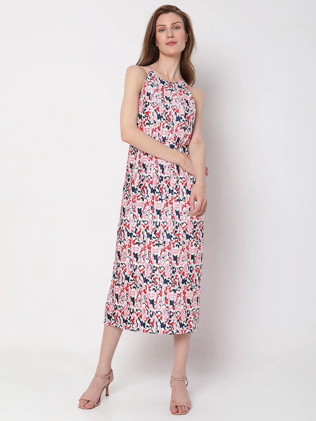 White Pleated Printed Midi Dress - Image 2