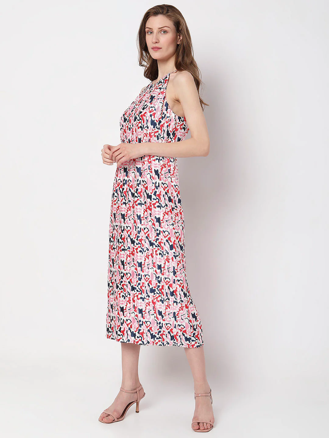 White Pleated Printed Midi Dress - Image 3