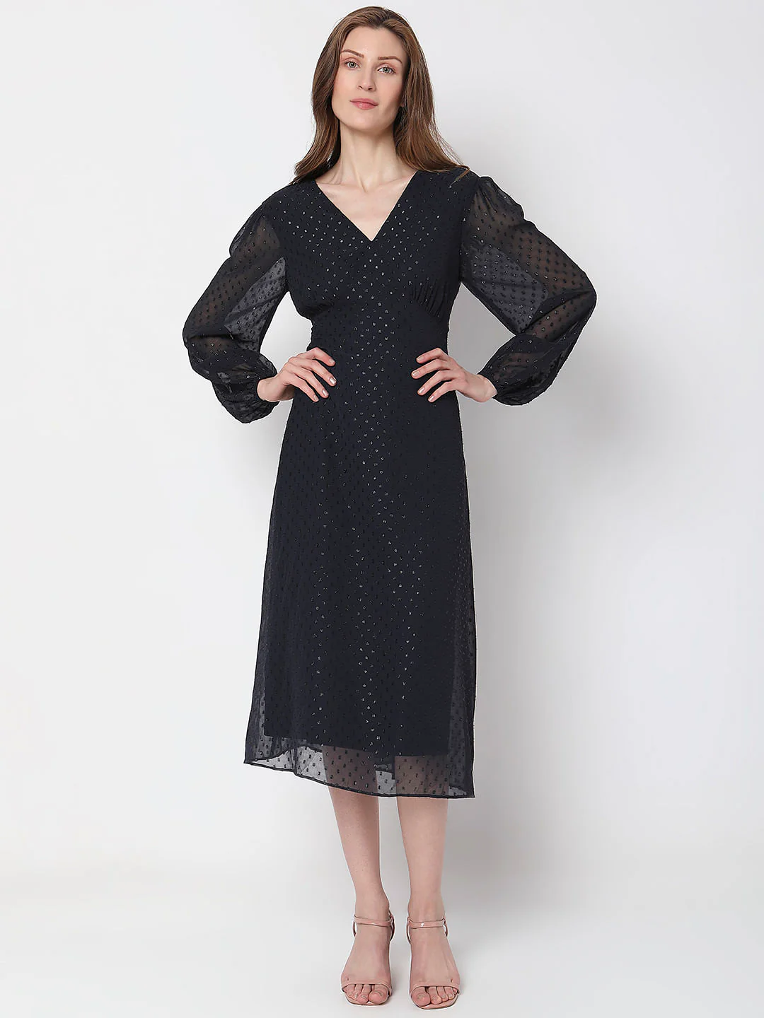 Dark Navy Textured Midi Dress - Image 2