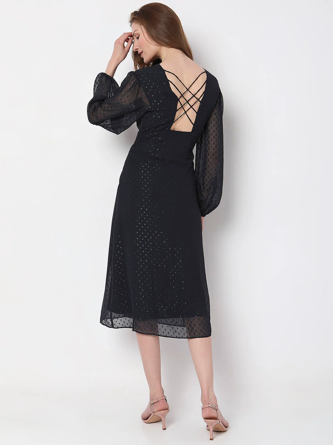 Dark Navy Textured Midi Dress - Image 4