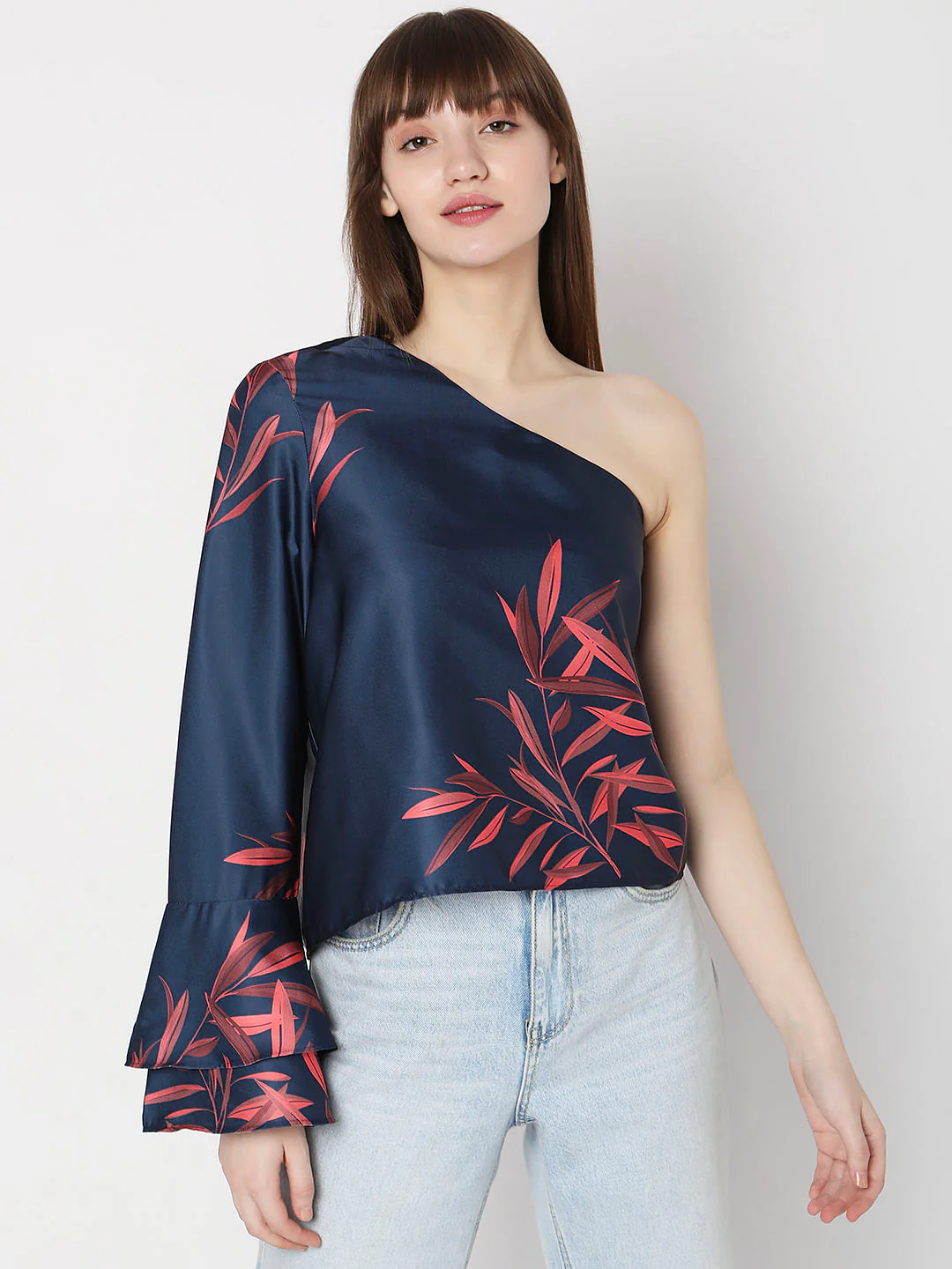 Navy Blue Printed One-Shoulder Co-Ord Set Top - Image 2