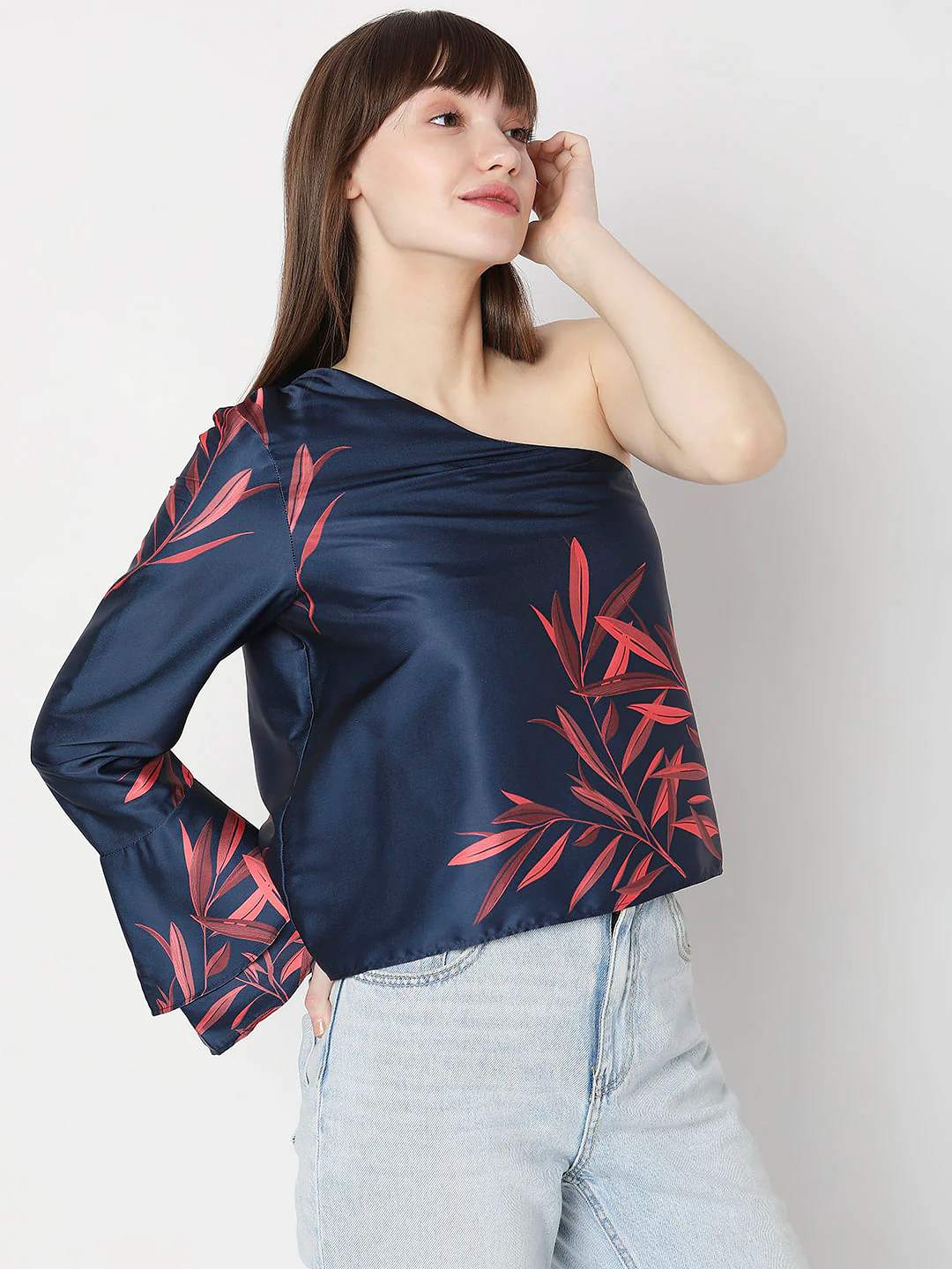 Navy Blue Printed One-Shoulder Co-Ord Set Top - Image 3