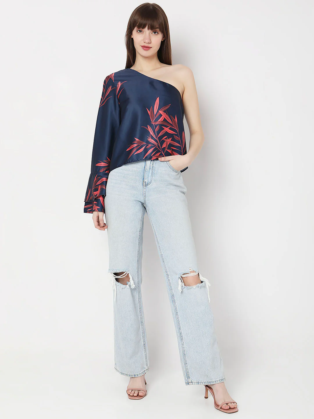 Navy Blue Printed One-Shoulder Co-Ord Set Top - Image 5