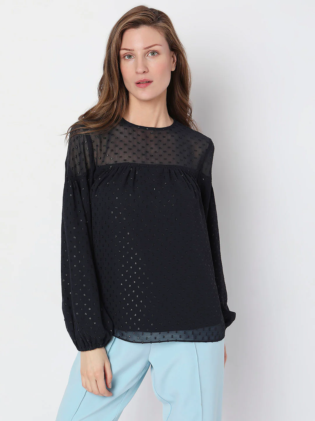 Navy Blue Textured Puff Sleeves Top - Image 2