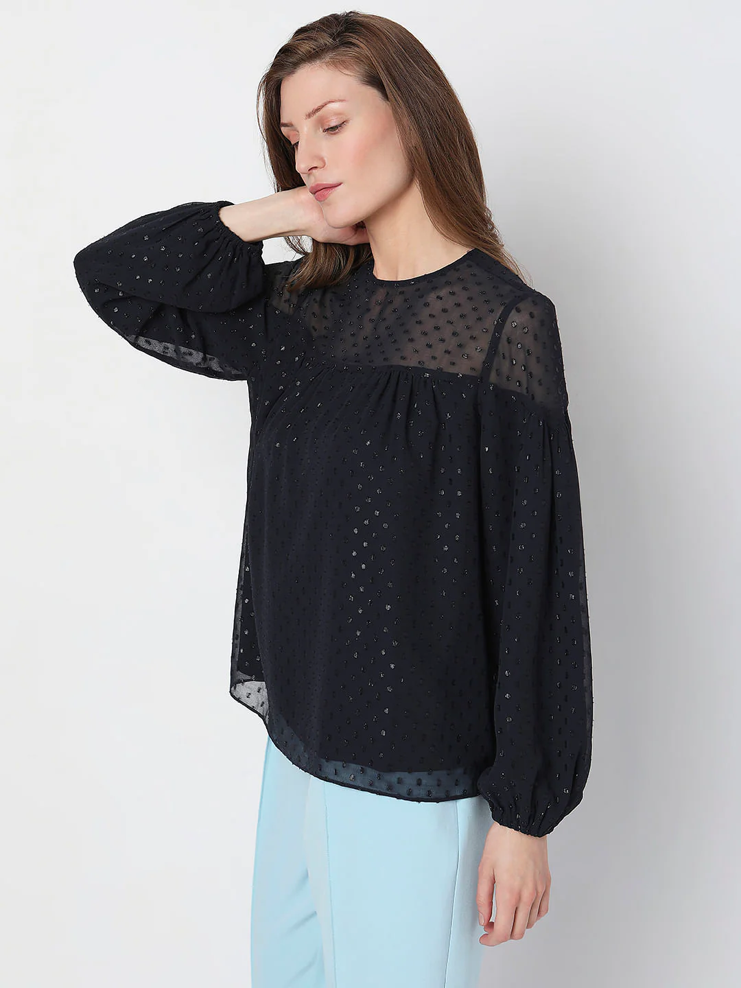 Navy Blue Textured Puff Sleeves Top - Image 3