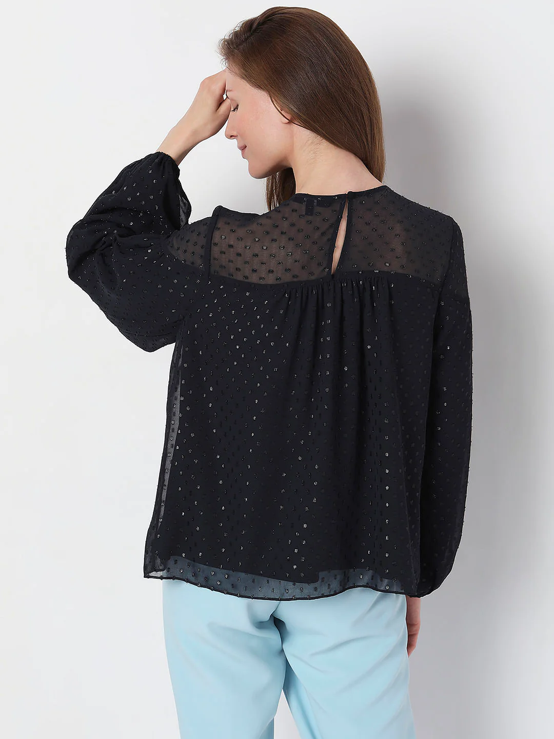 Navy Blue Textured Puff Sleeves Top - Image 4