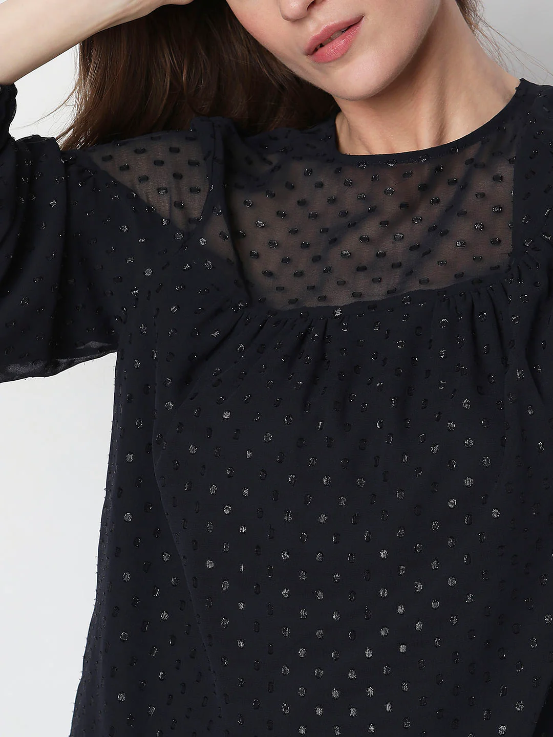 Navy Blue Textured Puff Sleeves Top - Image 5