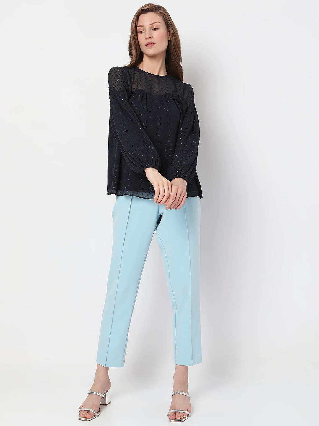 Navy Blue Textured Puff Sleeves Top - Image 6