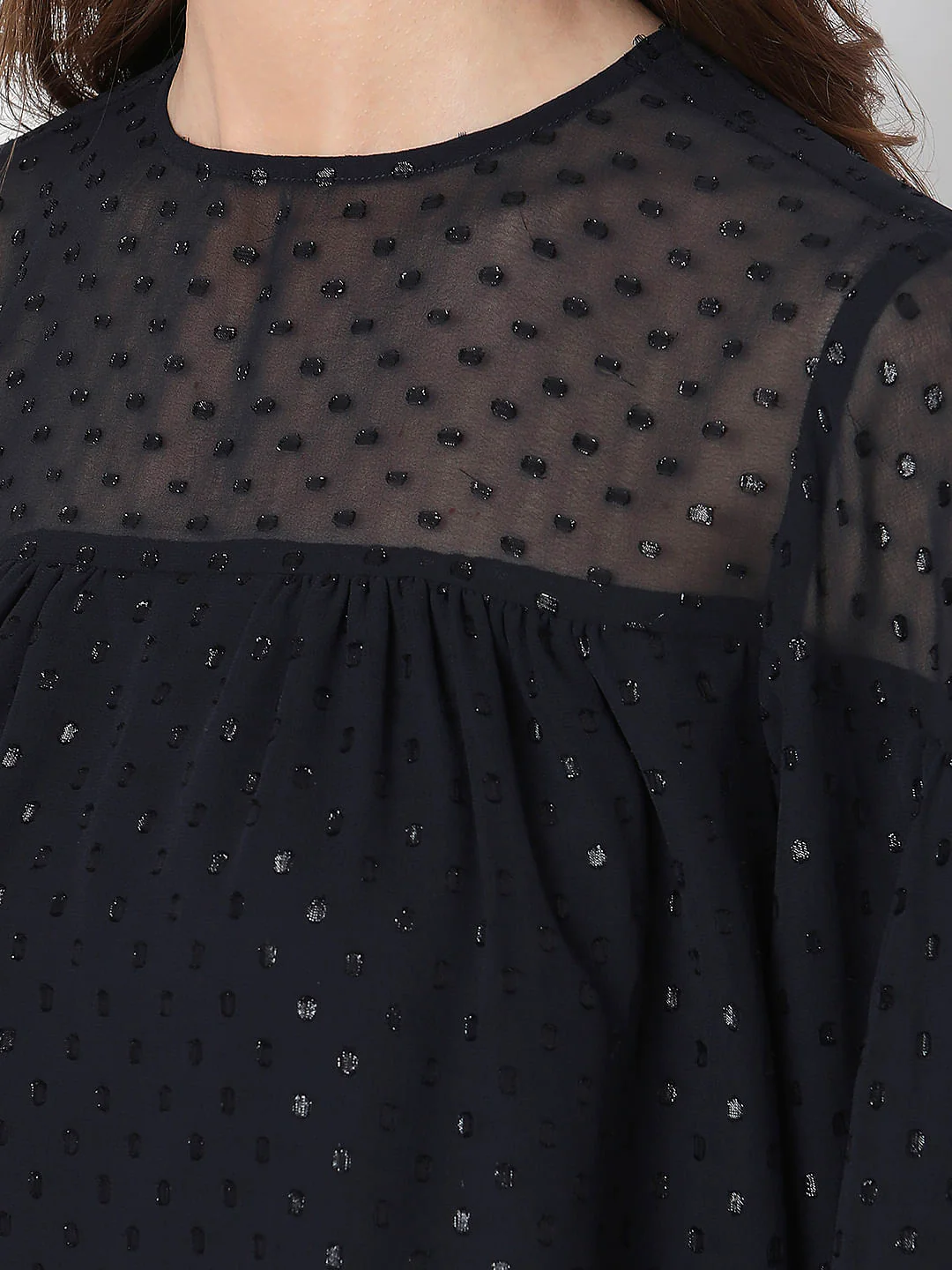 Navy Blue Textured Puff Sleeves Top - Image 8