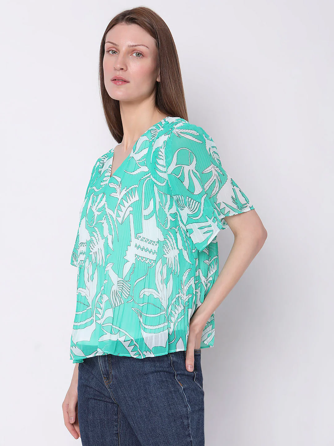 Blue Floral Pleated Top - Image 3