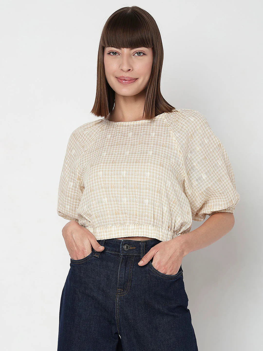 Beige Check Cropped Co-Ord Set Top - Image 2