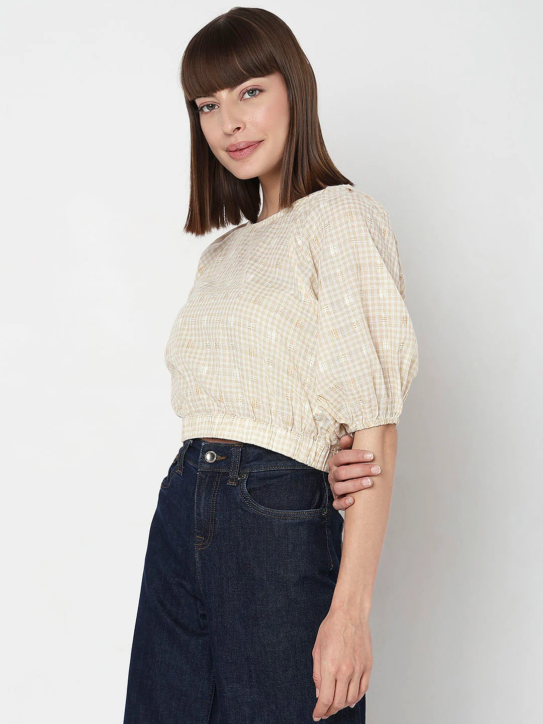 Beige Check Cropped Co-Ord Set Top - Image 3