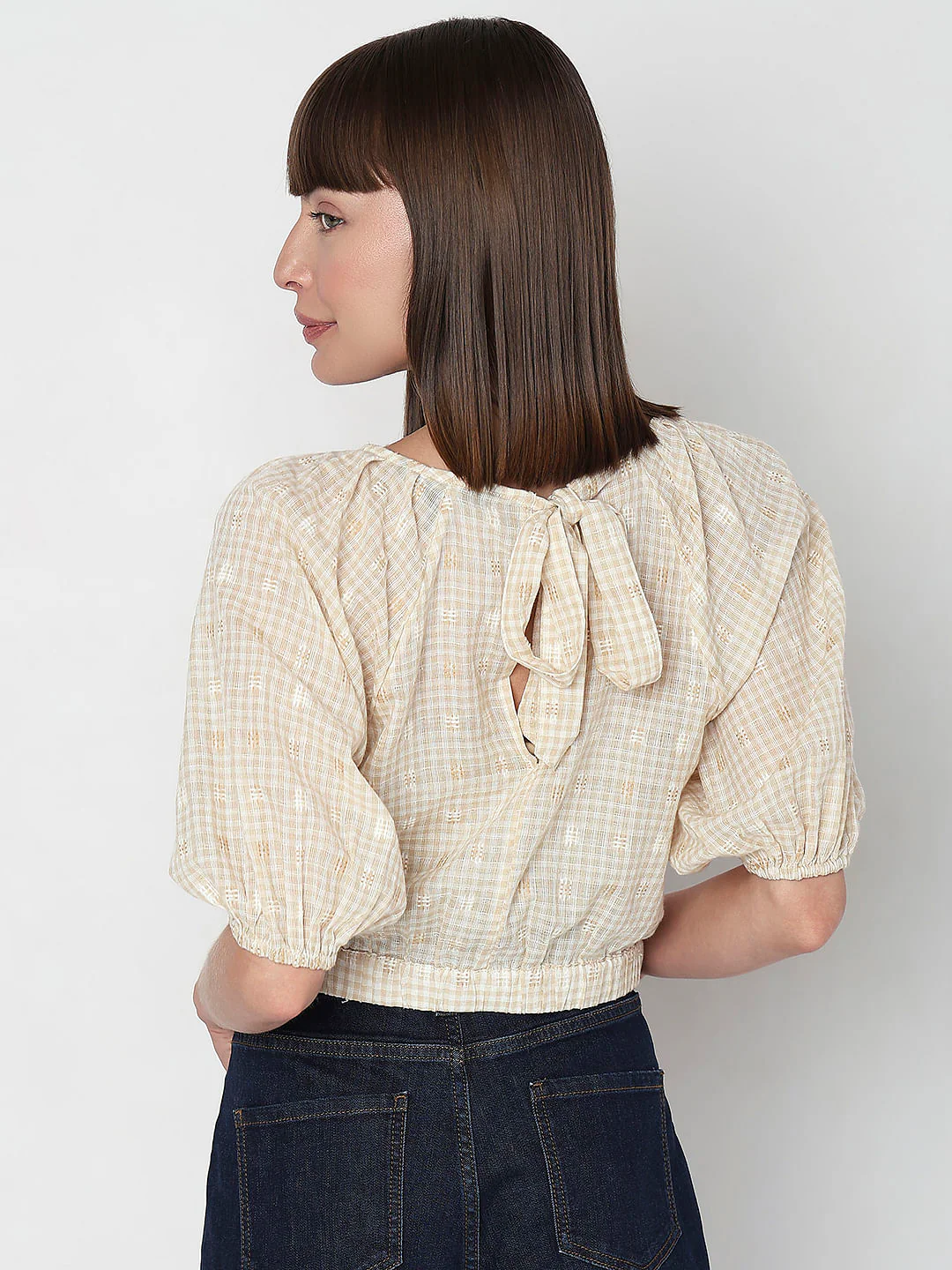 Beige Check Cropped Co-Ord Set Top - Image 4